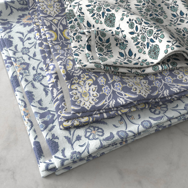 Charming Blue Floral Cotton Kitchen Towels Set of 6