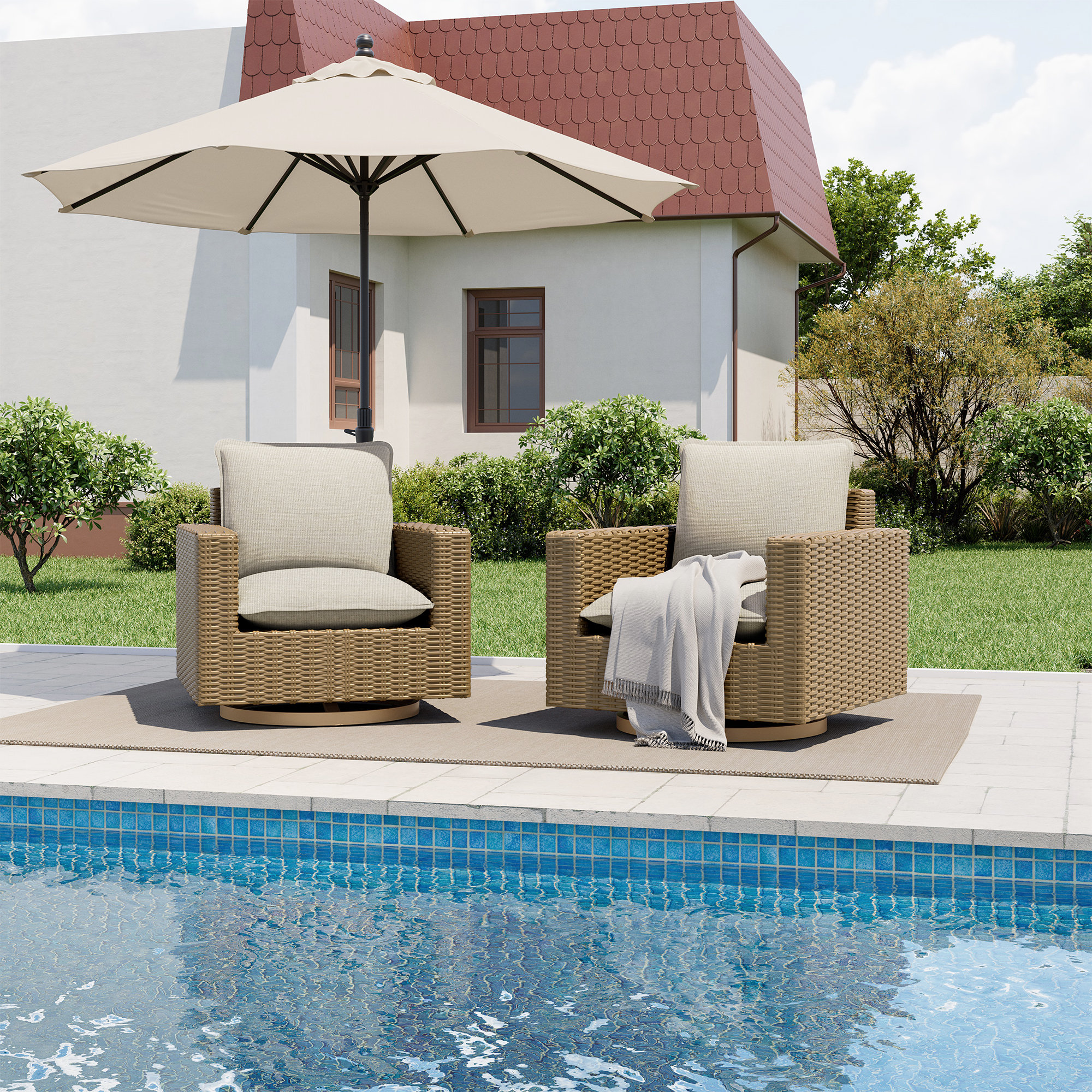 Bristow Aluminum Wicker Patio Swivel Sofas With Beige Cushions