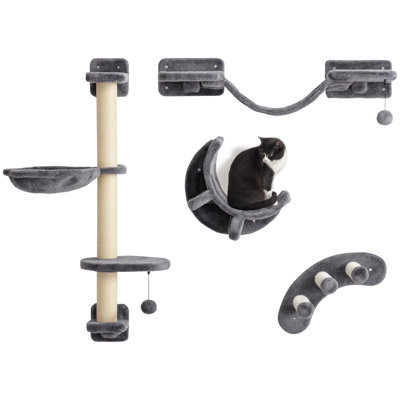 Étagère murale pour chat avec grattoir, boules de jeu, plateformes, gris foncé