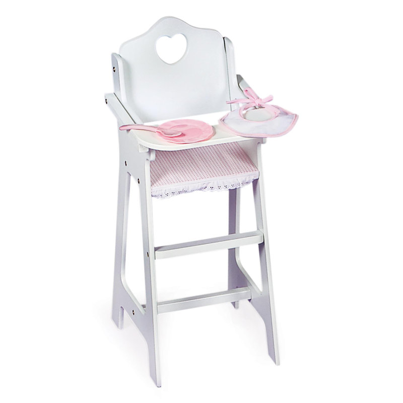 White and Pink Gingham Doll High Chair with Accessories