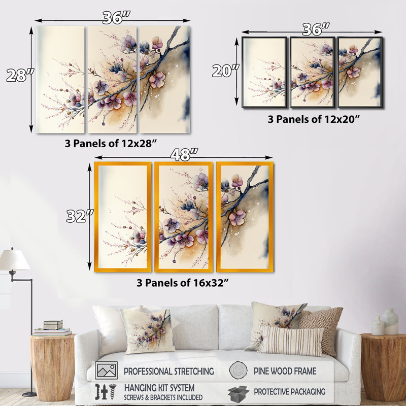 «Pink and Plum Cherry Blossom Branch I», ensemble de 3 reproductions sur toile, H 32 po x l 48 po, Toile tendue