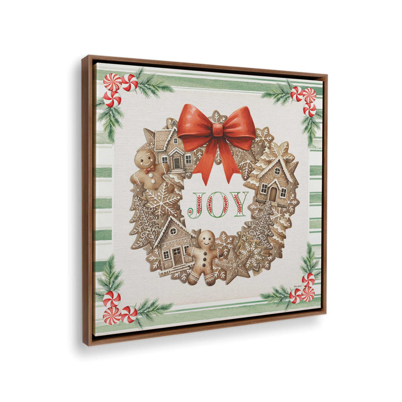 «Joy Gingerbread Wreath» par Nicole DeCamp, reproduction d'art, Toile avec cadre, L 20 po x H 20 po, Brun