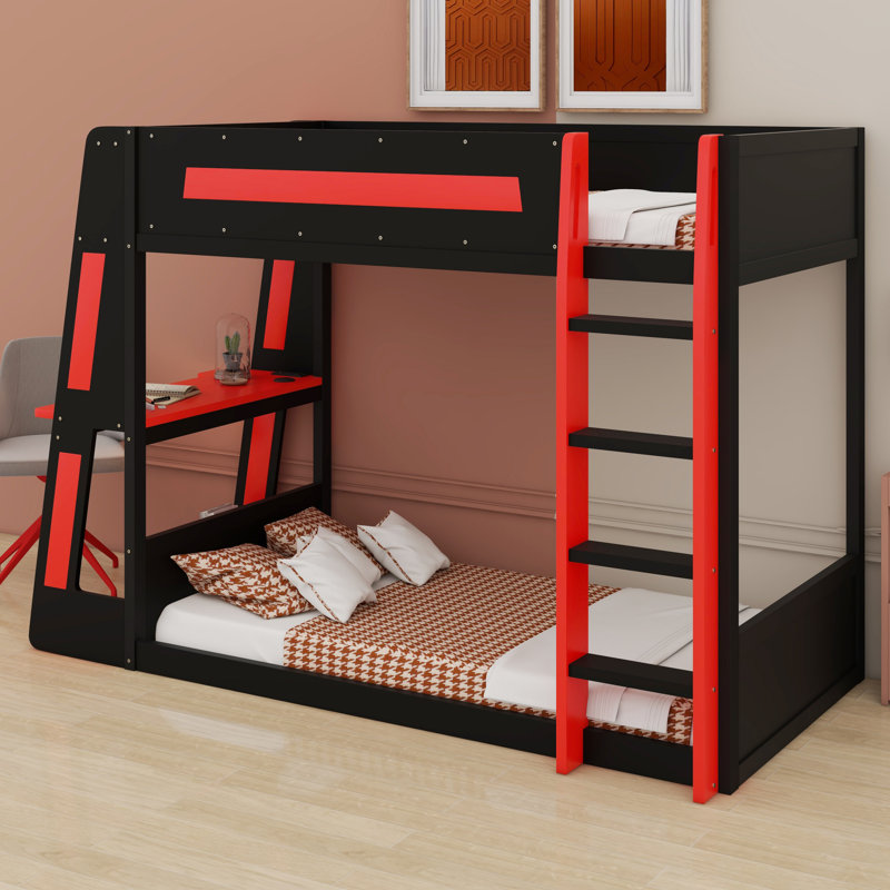 Lit superposé en bois avec bureau, Simple sur simple, Rouge