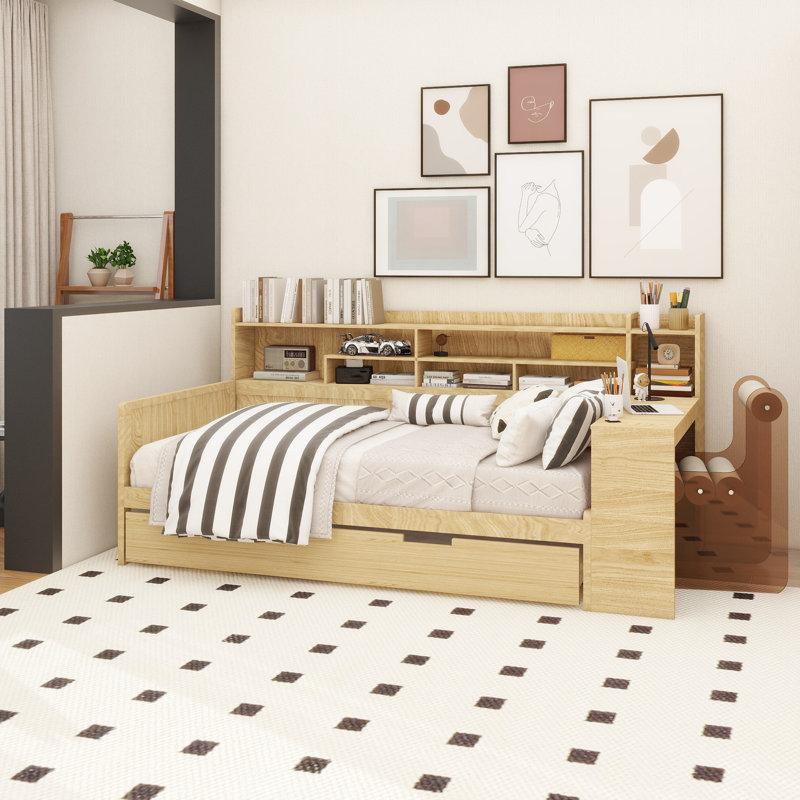 Wooden Daybed With Storage Shelves, Multi-Functional Bed With Trundle Bed And Study Desk, Natural, Twin