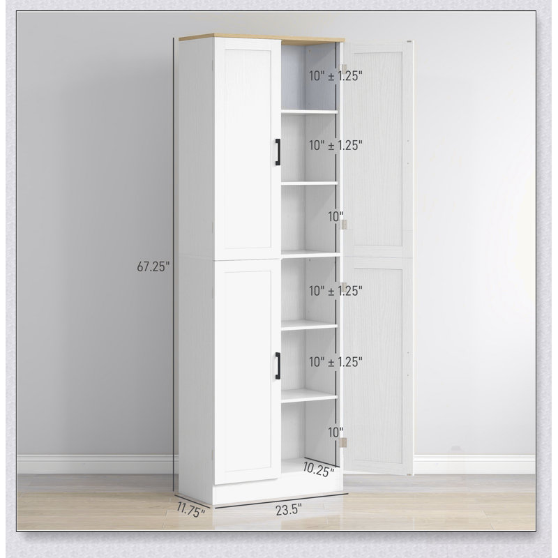 Garde-manger autoportant de 67 pouces avec rangement à 4 portes, tablettes réglables et finition blanche vieillie pour une organisation améliorée