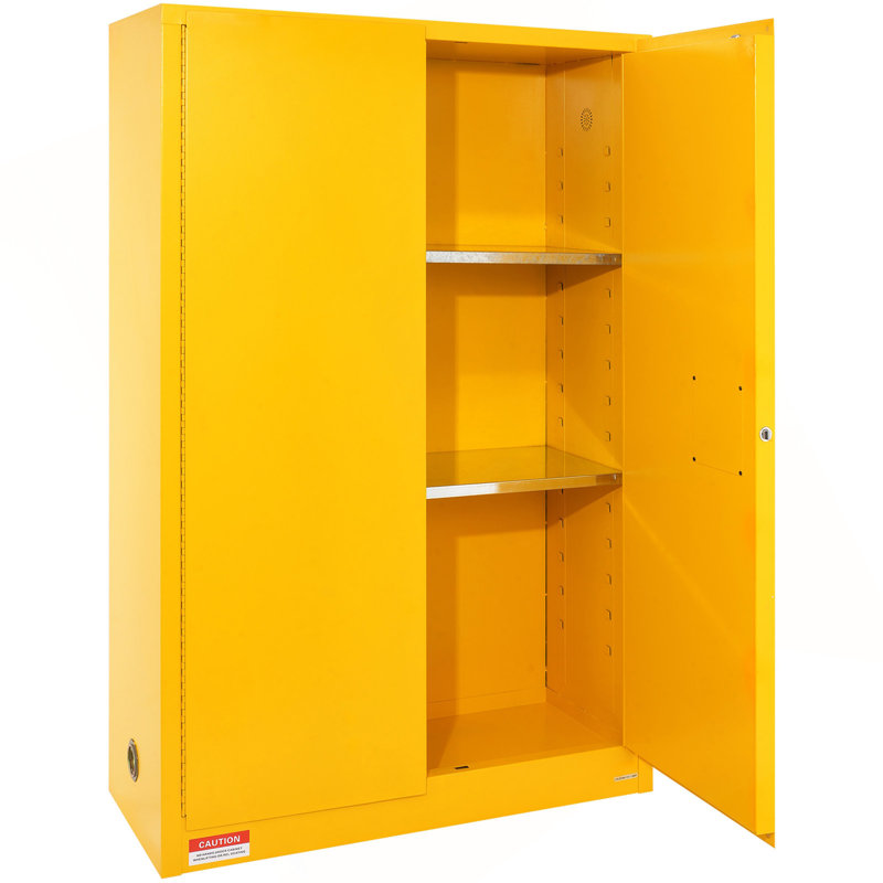 Armoire de sécurité pour liquides inflammables en acier laminé à froid 45 gallons, antidéflagrant 42,9 x 18,1 x 65,2 po avec 2 tablettes réglables et 2 portes manuelles à usage industriel, jaune