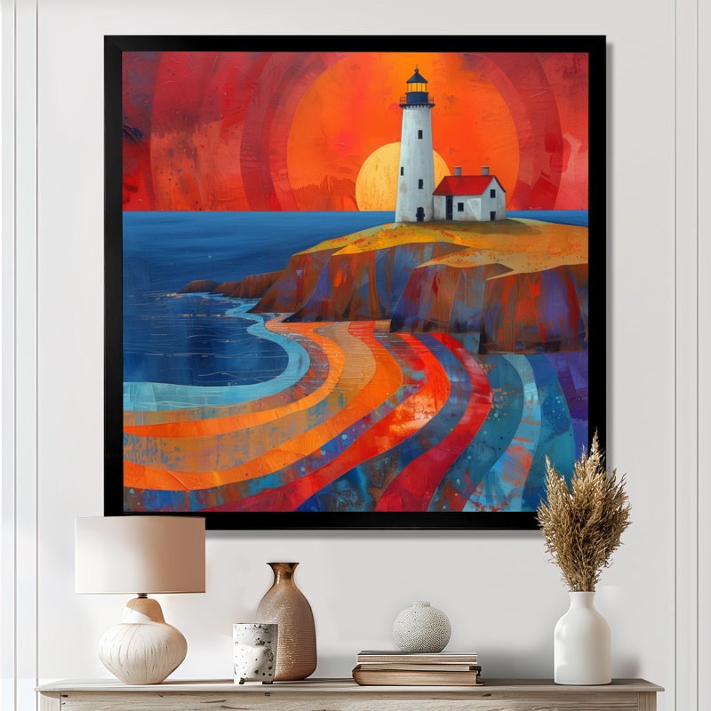 Reproduction d'art mural orange, phare côtier bleu, coucher de soleil I, Cadre simple noir, H 16 po x l 16 po x P 1 po