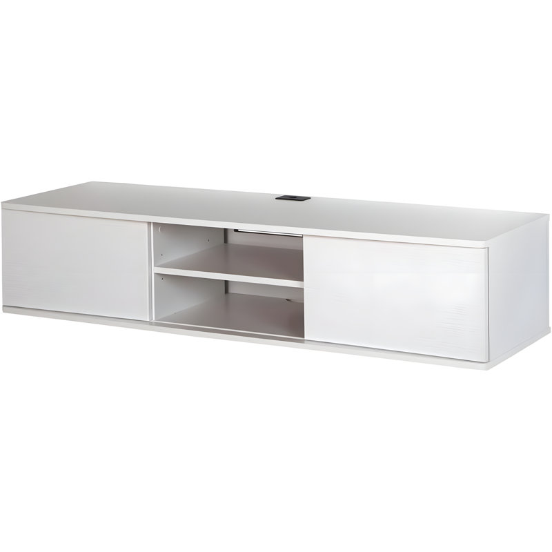 Console multimédia murale flottante avec portes coulissantes, tablettes réglables et gestion des câbles pour le salon