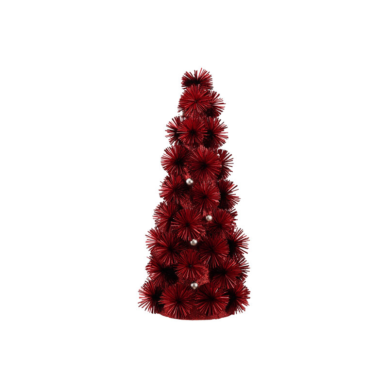 Red Tinsel Ball Tree with Gilded Beads, 19.25" H x 9" W x 9" D, Red