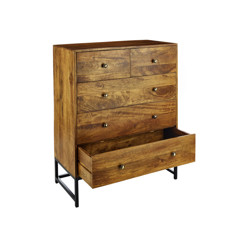 Lovilia Solid Wood 90cm W 5 - Drawer Chest of Drawers, Dark Oak