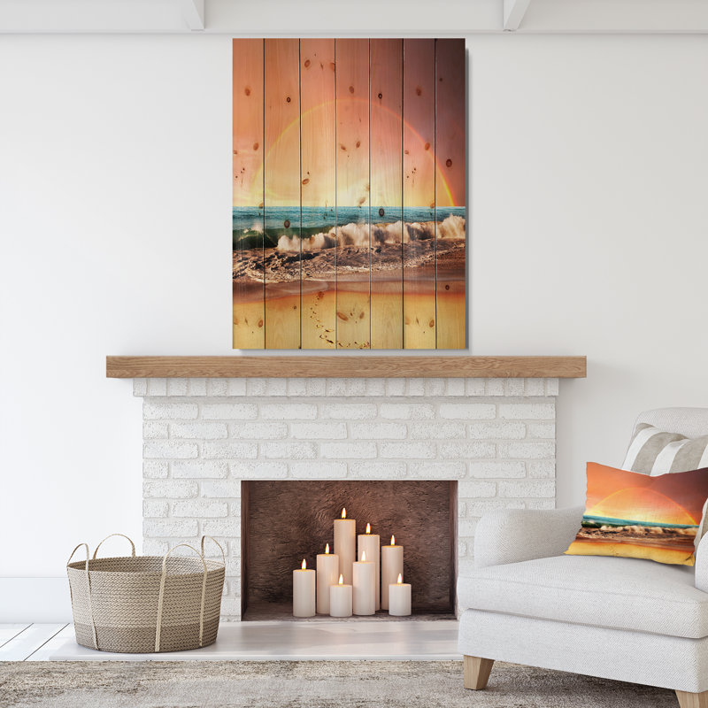 Majestic Rainbow over Seashore - impression d'art graphique, H 20 po x l 15 po x P 1 po, Bois
