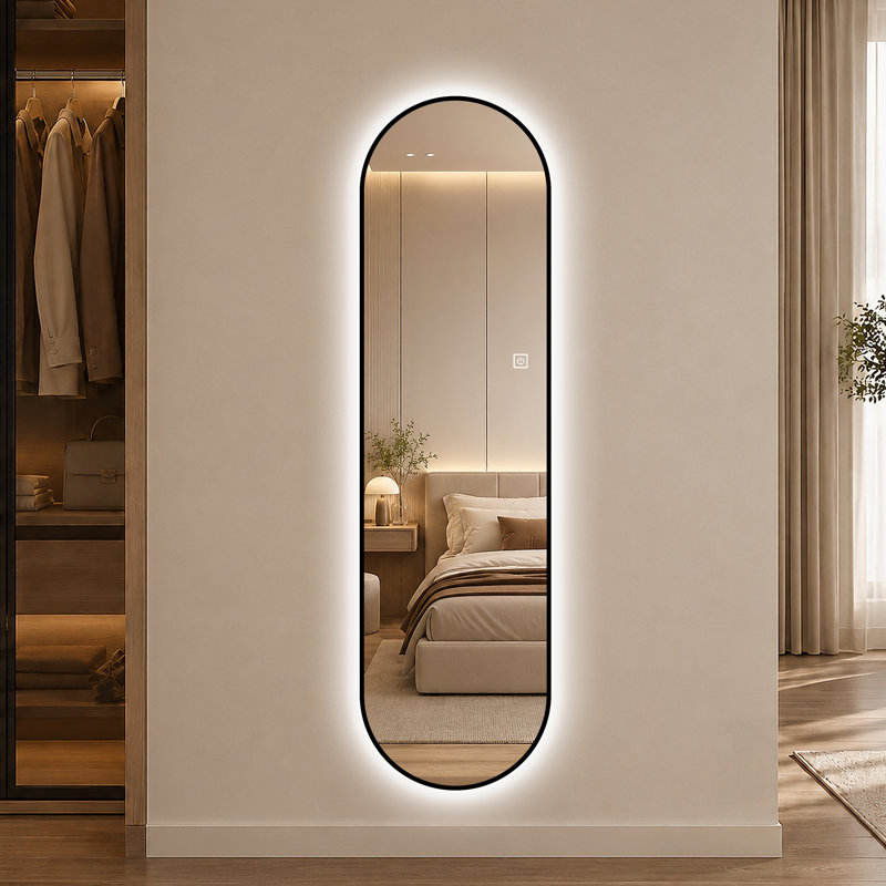 Capsule-Shaped Dimmable LED Full Length Wall Mirror with Sleek Black Frame