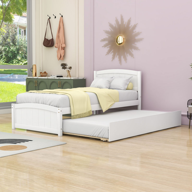 Lit plateforme simple en bois avec lit gigogne et tête de lit, Blanc