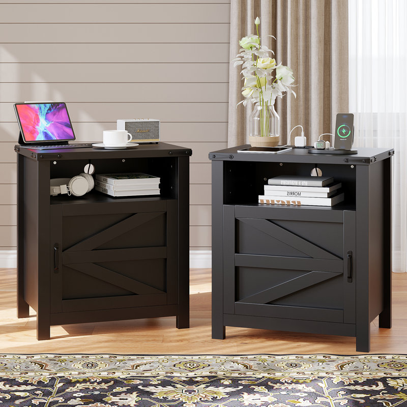 Black Farmhouse Nightstand with Barn Door and Shelf, Set of 2