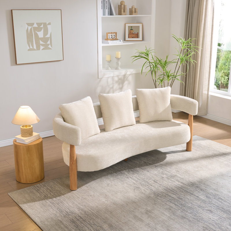 Canapé rembourré 3 places de style japonais avec pieds en bois, Beige