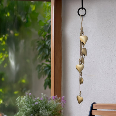 Lovina 6 Heart Shape Iron Bells On 35 Inch Jute Hanging Rope, Antique Gold Wall Decor