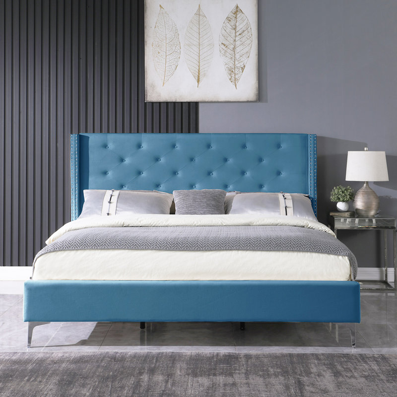 Lit plateforme tapissier à profil bas Diwata, Bleu, Grand