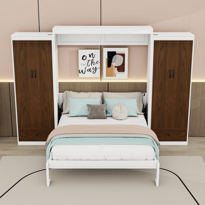 Wooden Murphy Bed Wall Bed with LED Lights, Storage Drawers and Wardrobes