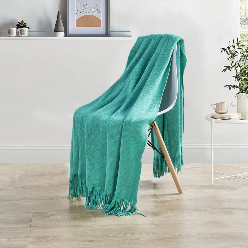 Turquoise Knitted Throw Blanket with Gold Metallic Yarn