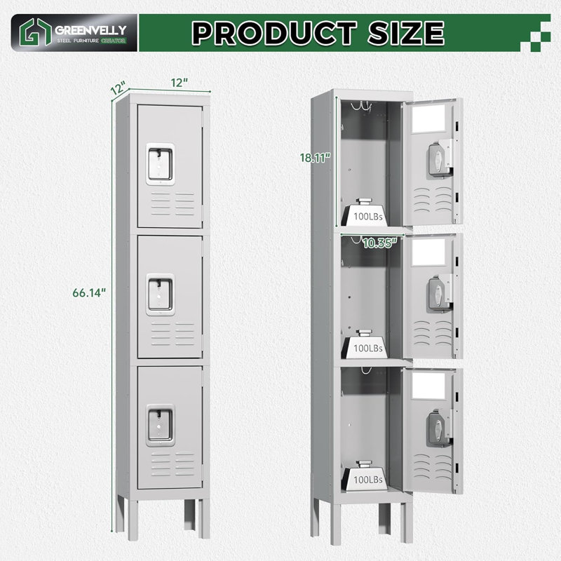 3 - Tier 12" Wide Locker with Hooks and Mirrors, Gray