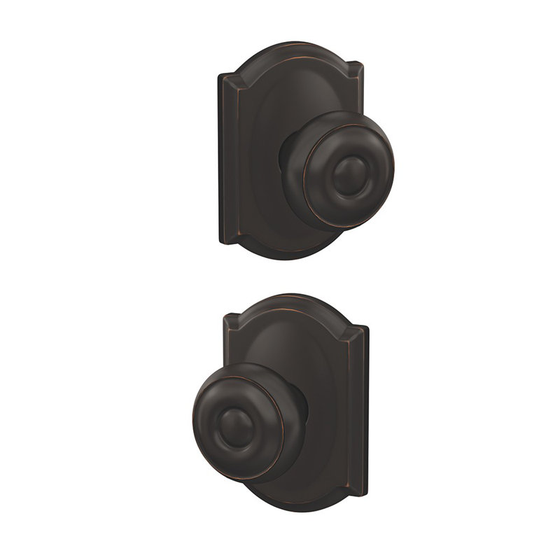 Georgian Hall-Closet and Bed-Bath Knob with Camelot Trim, Aged Bronze