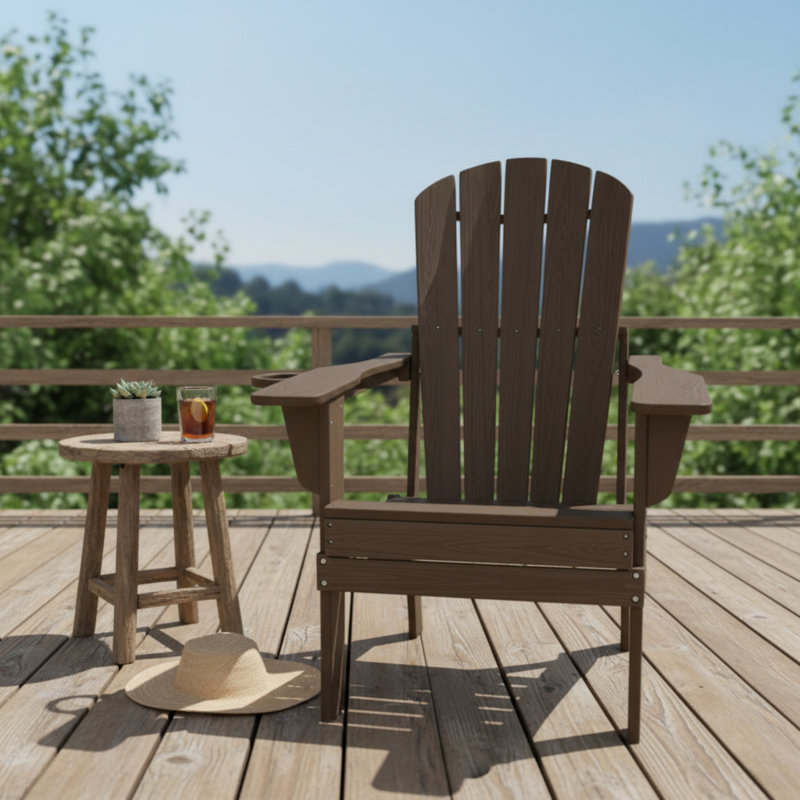 Outdoor Folding Adirondack Chair Comfort Set, Wood Grain With Cup Holder, Sturdy And Durable, Suitable For All-Weather Use, Pool, Backyard, And Lawn.