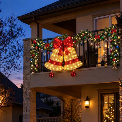 35" Lighted Giant Christmas Bell Pair with Red Bow, 100 LED, Hanging Outdoor