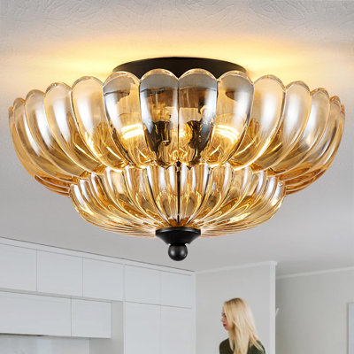 Plafonnier semi-encastré plafonnier en verre ambré à 3 ampoules noir moderne près du plafond