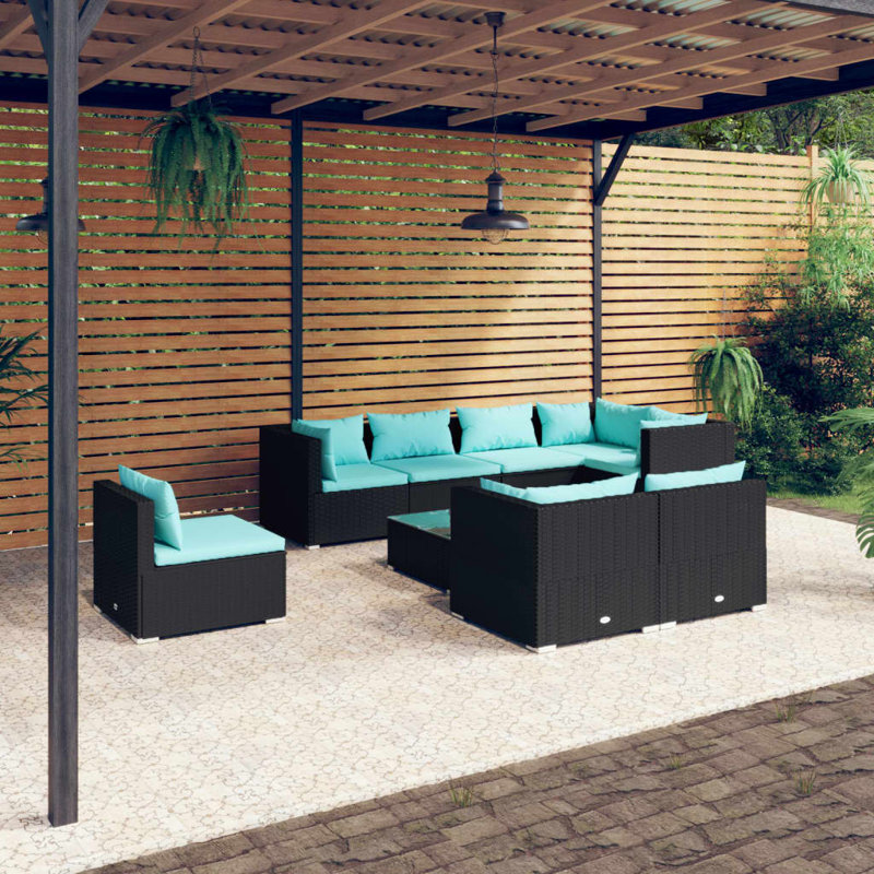 Ensemble de patio 9 pièces avec coussins Cimberly, Bleu mer, Noir