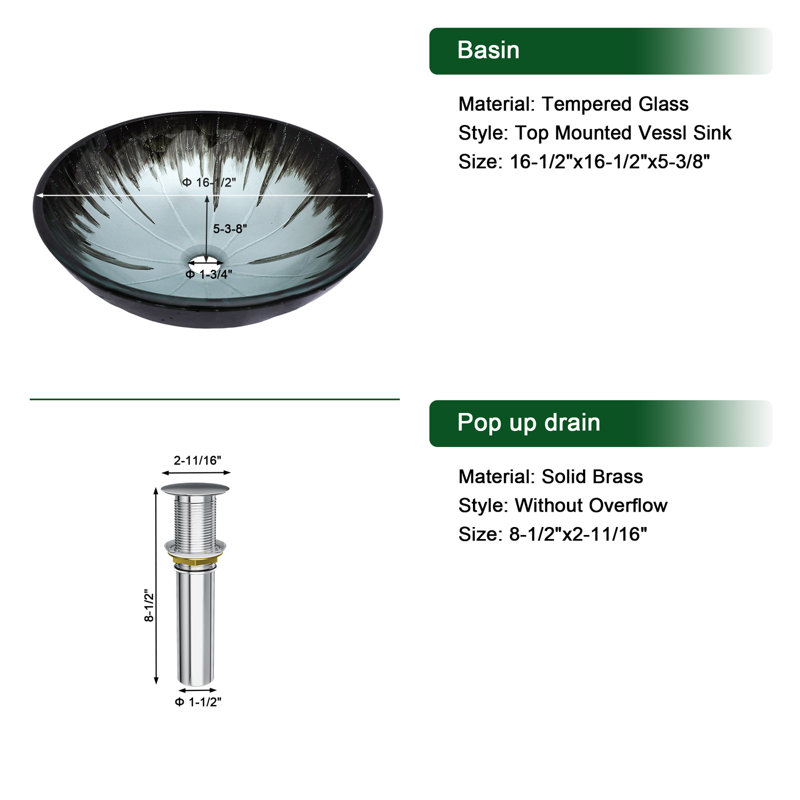 16.5" Circular Glass Bathroom Sink Vessel Sink with Pop-Up Drain