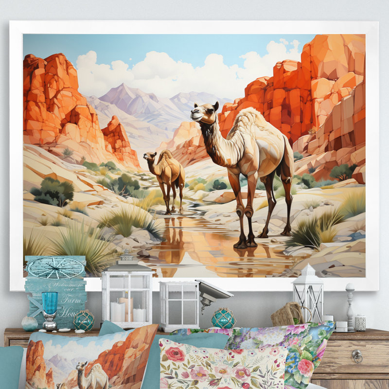 «Camel Desert Wanderer Geometric», reproduction sur toile, H 34 po x l 44 po x P 1,5 po, Cadre simple blanc