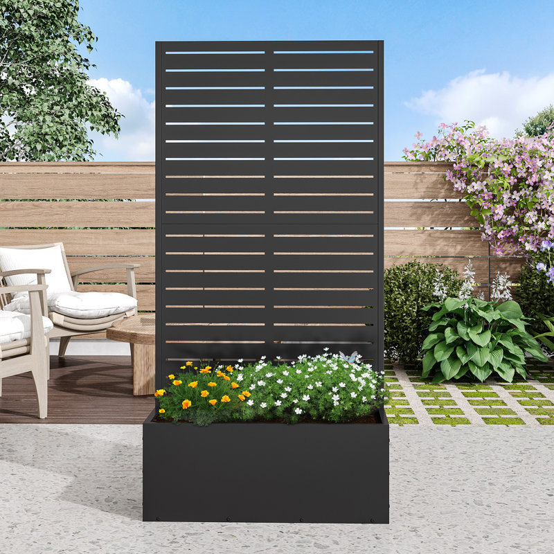Boîte à fleurs d'extérieur individuelle en métal rectangulaire avec treillis pour plantes grimpantes, Noir