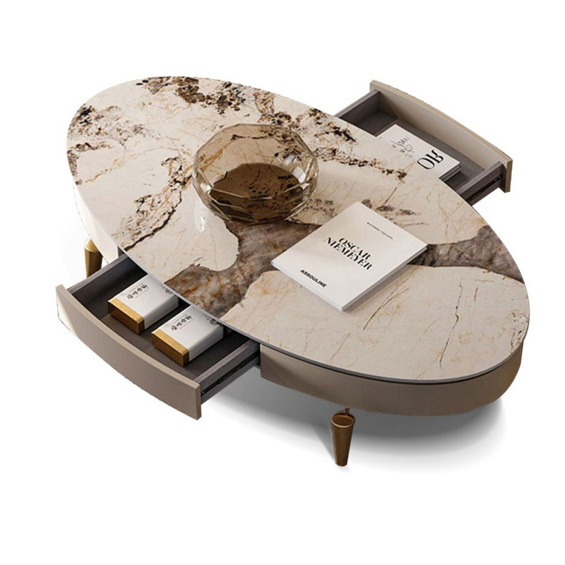 Table basse ovale en bois manufacturé et pierre dorée, Doré
