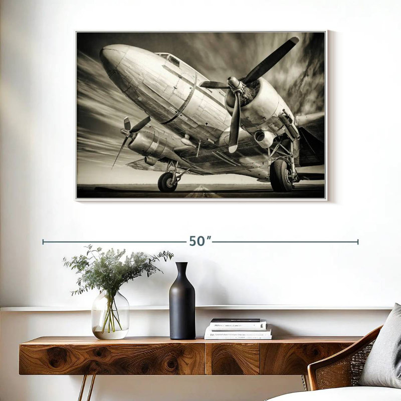Avion rétro monochrome, Cadre flottant blanc, 40 po x 27 po