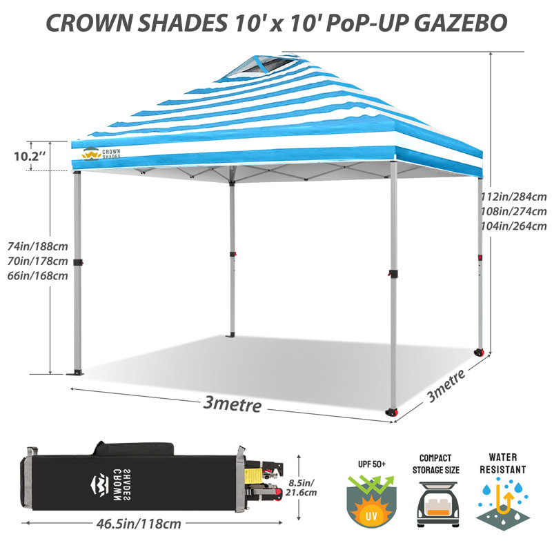 10 Ft. W x 10 Ft. D Metal Pop Up Canopy Tent with One Push Setup, Cyan Blue Stripes