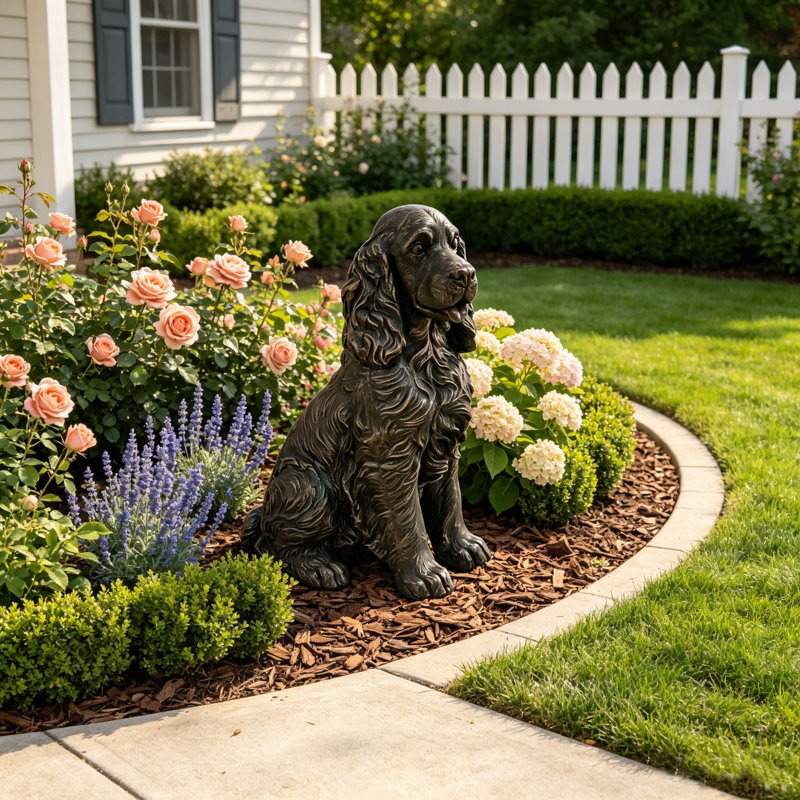 Statue réaliste de cocker spaniel assis, finition bronze, Bronze Antique