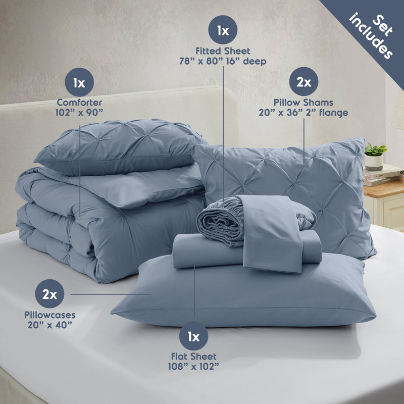 Bed-in-A-Bag Pleated Comforter Set with Bed Sheets, King Comforter + 6 Additional Pieces, Stone Blue