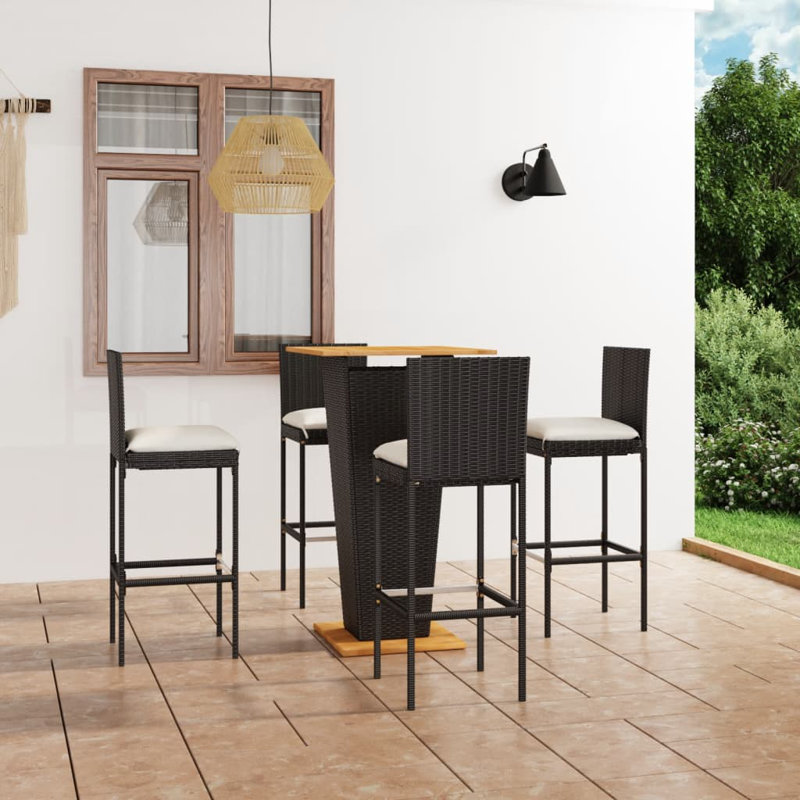 Latitude Run® 5 Piece Patio Bar Height Dining Set With Cushions Poly Rattan Black