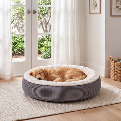 Lit rond apaisant en forme de beigne pour animaux de compagnie, nid douillet à rebord surélevé gris et blanc pour chiens et chats, coussin doux et chaud, base antidérapante pour animaux de compagnie d'intérieur