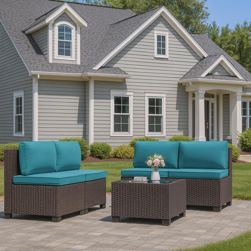 Wicker 4-Person Patio Conversation Sets With Cushions And Coffee Table, Green
