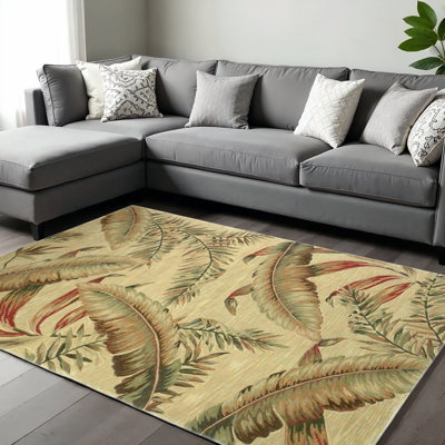 Tapis botanique tropical en laine touffeté à la main brun et vert 9 pi x 12 pi