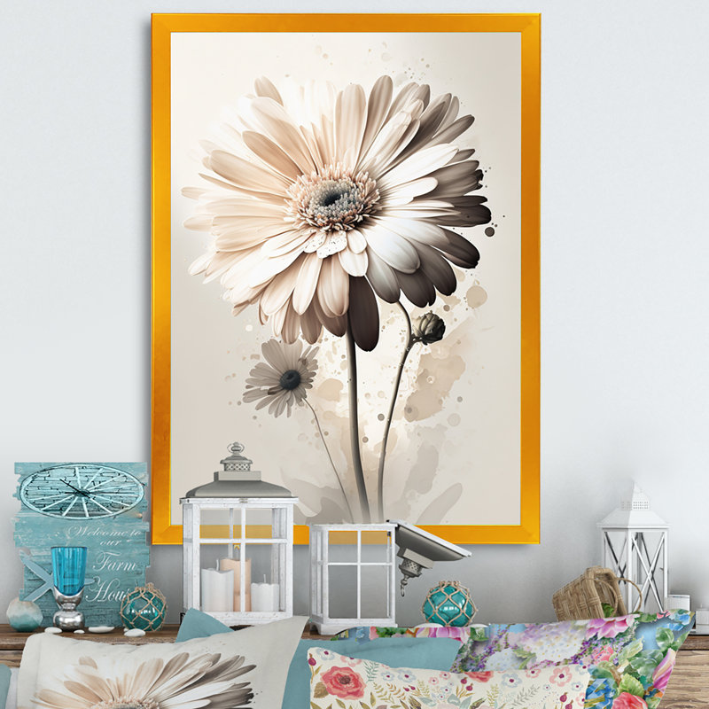 «White Gerbera Flowers IV», reproduction sur toile, L 30 po x H 40 po, Impression dorée sur toile encadrée