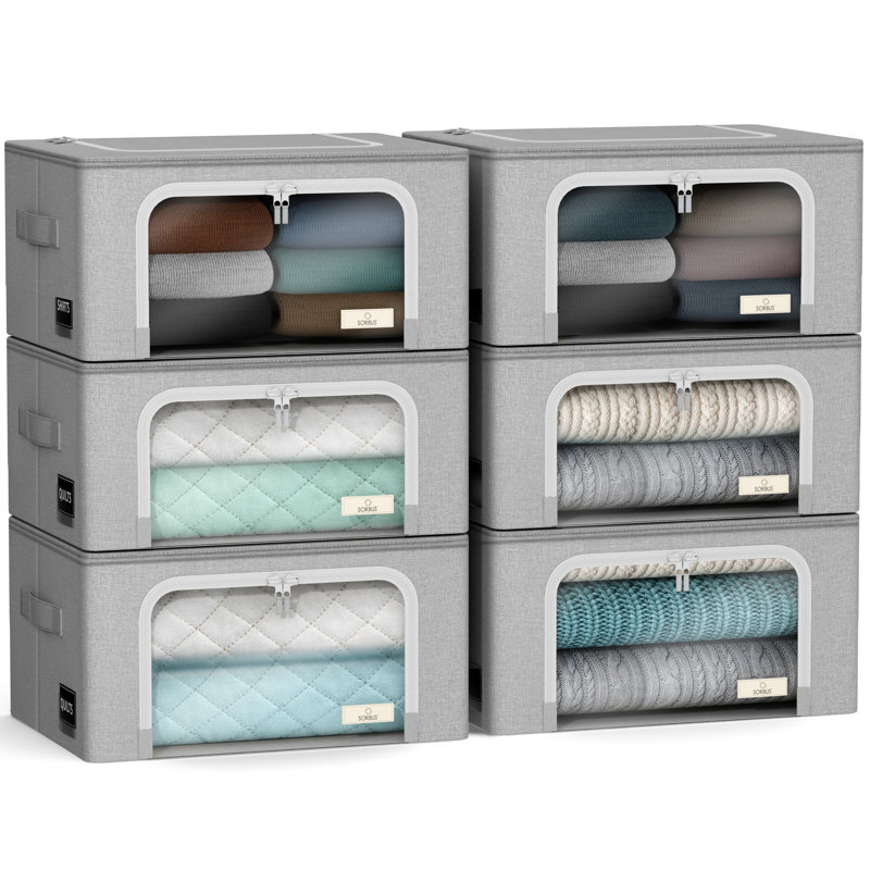 Sorbus Fabric Storage Bins: Stackable, Foldable Organizer Bags, with Clear Window (Set of 6), Grey, Gray