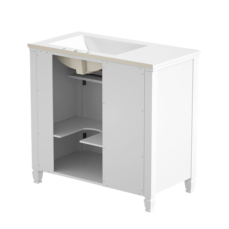 Meuble-lavabo moderne de 91 cm (36 po) avec lavabo en céramique, rangement à tiroirs et tablette ajustable, Blanc