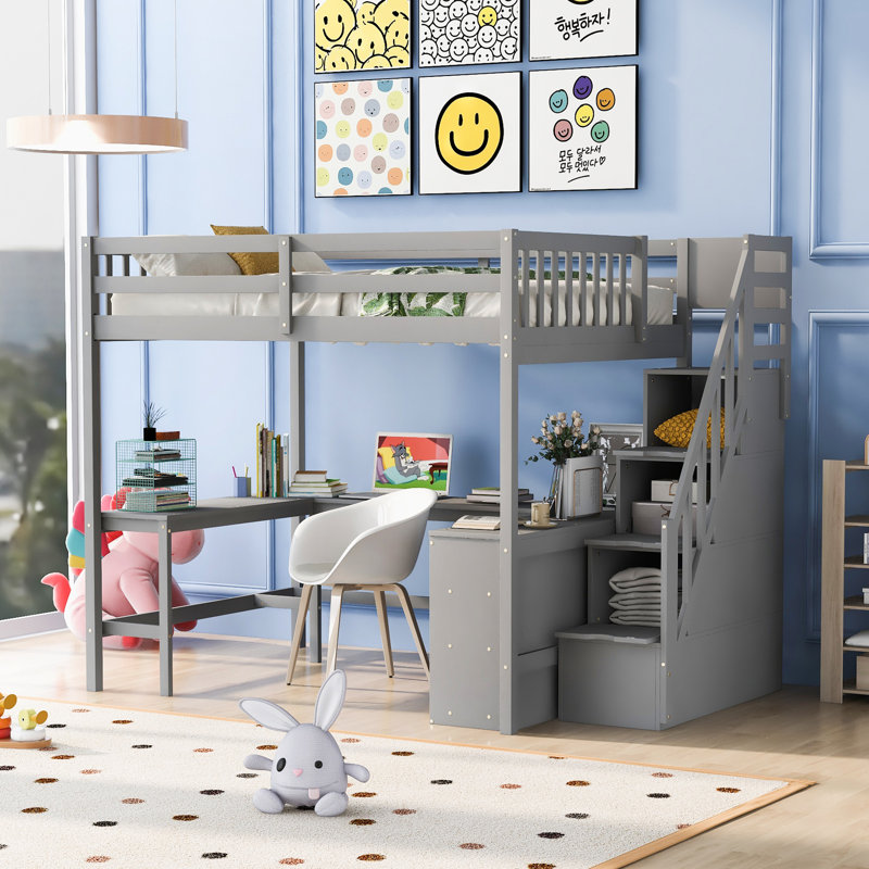 Ennie Full Loft Bed with Built-in Desk and Bookcase, Gray