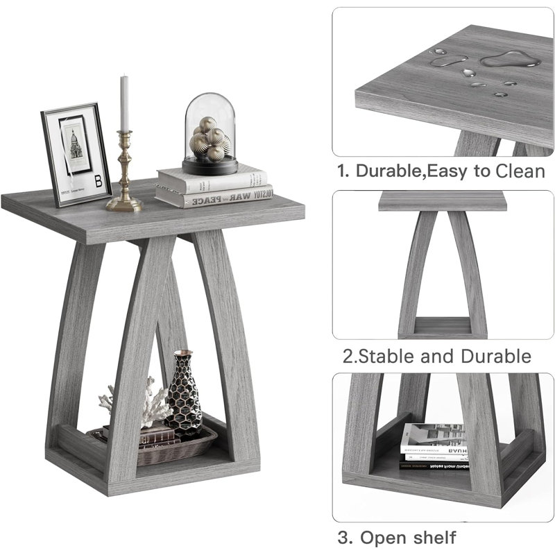 Gray Engineered Wood Square End Table Set with Shelf