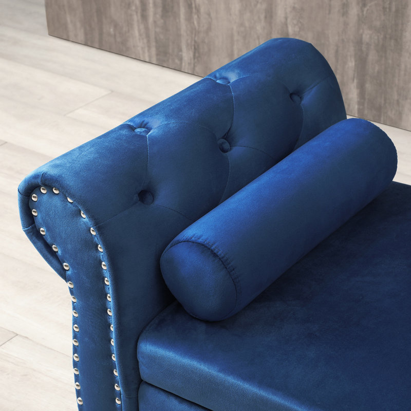 Aijia 63" Velvet Multifunctional Storage Bench Rectangular Sofa Stool Buttons Tufted Nailhead Trimmed Ottoman Solid Wood Legs With 1 Pillow,