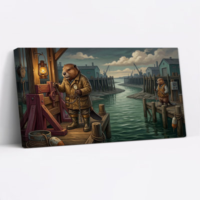 Anthropomorphic Beavers on Harbor Dock Canvas Wall Art