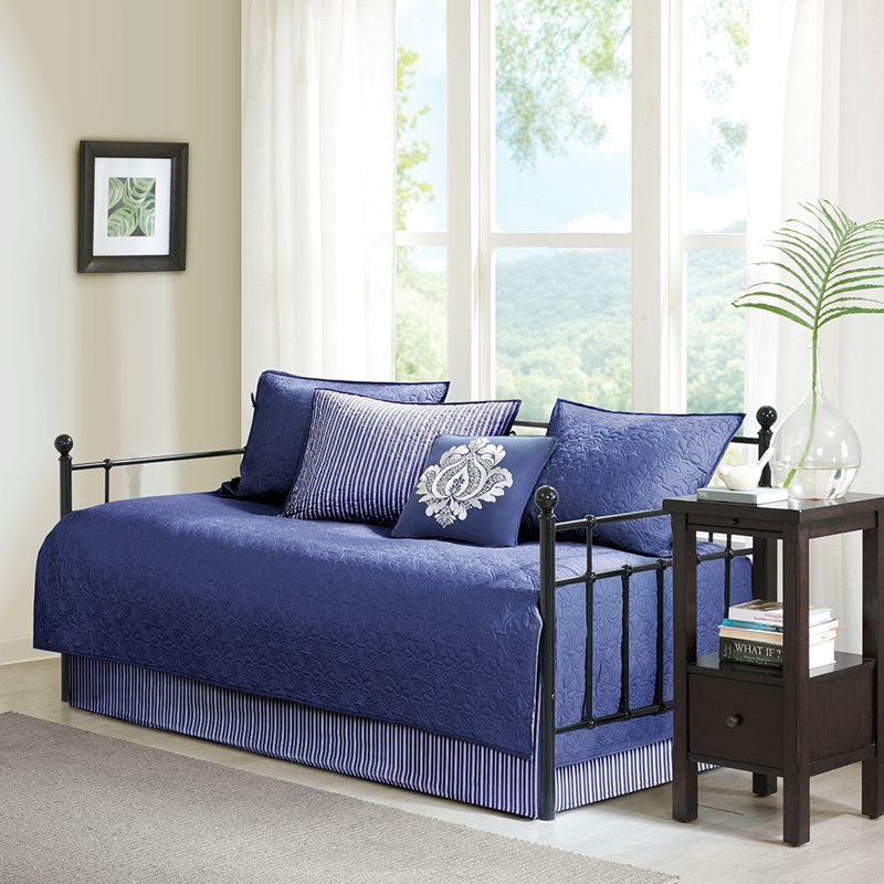 Navy Daybed Cover 6 Piece - Twin Size With 17-Inch Drop Coverlet, 3 Shams, 15-Inch , 1 Decorative Pillow, Cotton Filling Mattress Coverlet Drop, Enchanting
