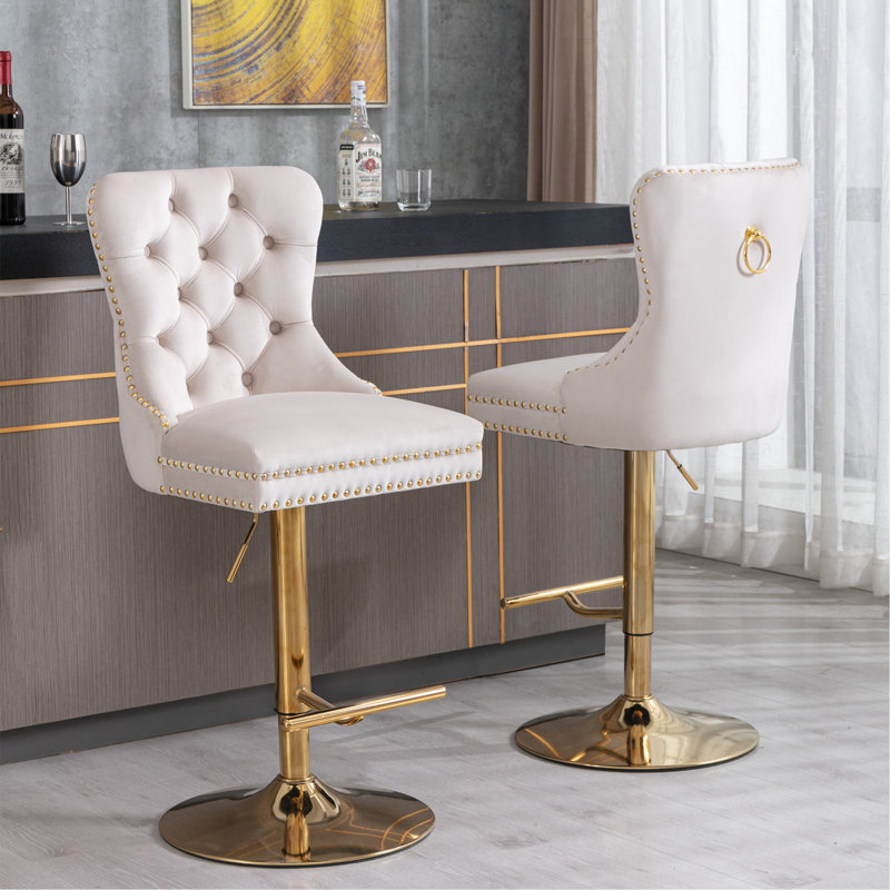 Thick Swivel Velvet Barstools Adjusatble Seat Height From 27-35 Inch, Modern Upholstered Bar Stools With Backs Comfortable Tufted For Home Pub And Kitchen Island (Set Of 2)